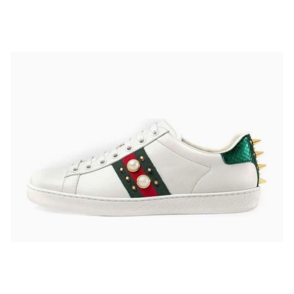 Gucci Women's Ace Studded Pearl Sneakers White Size 7.5 Athletic Shoes - Picture 3 of 14